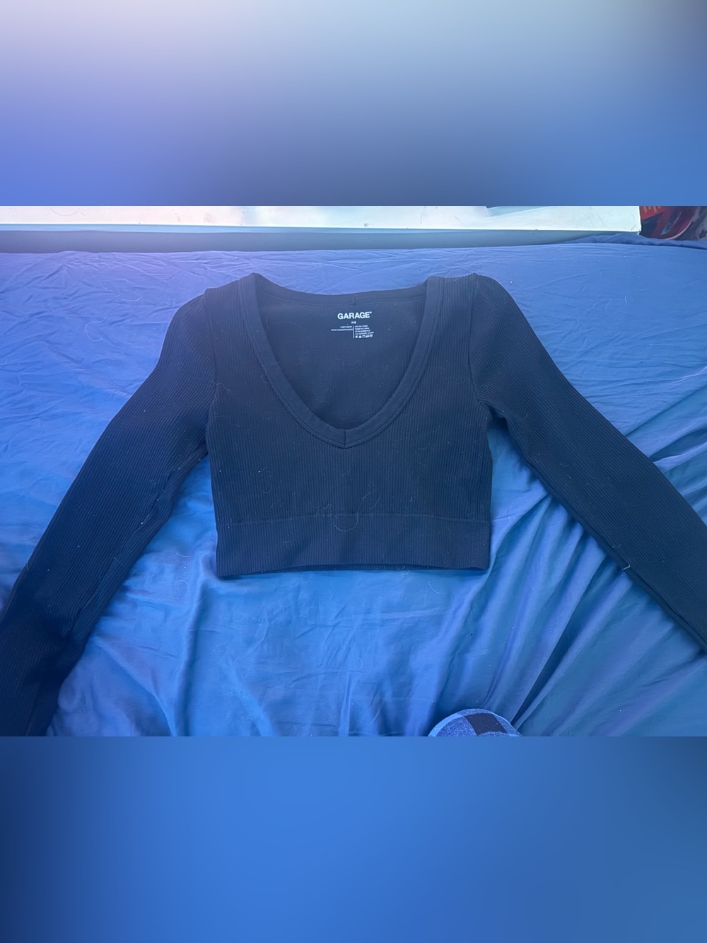 Garage Black Ribbed V-Neck Long Sleeve Crop Top